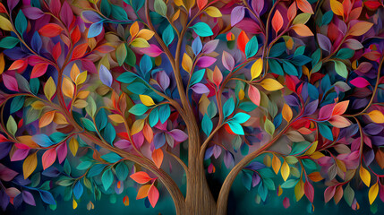 Colorful tree with leaves on hanging branches illustration background. 3d abstraction wallpaper . Floral tree with multicolor leaves