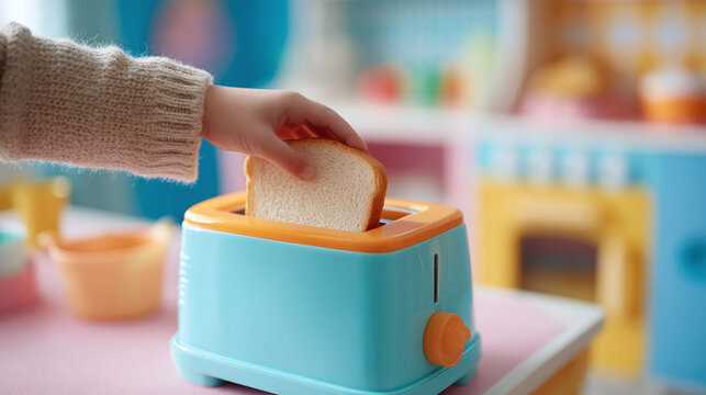Childs hand placing bread into a playful toy toaster, promoting imaginative play and learning. Bright colors evoke happiness. Ideal for childrens content.