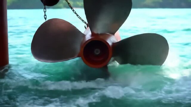 Large orange propeller partially submerged in churning blue-green water