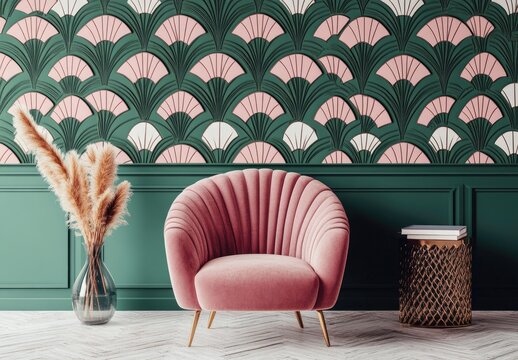 Pink velvet chair, green & pink wallpaper, decorative accents