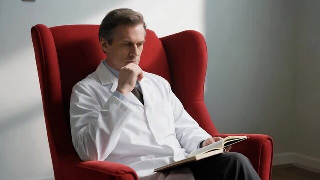 psiquiatra con su cotona blanca sentado en un sillon rojo