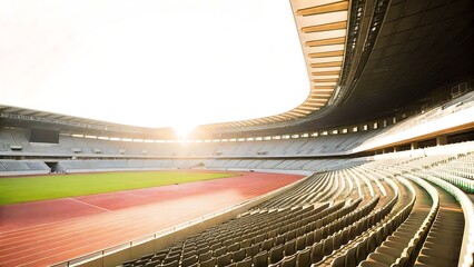 View of empty stadium with running track and green field under bright sunlight conditions