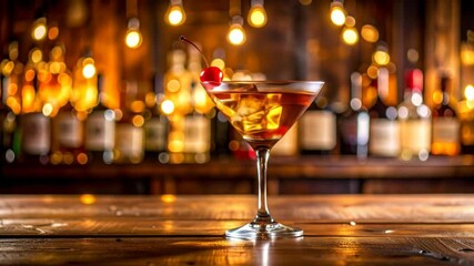 Elegant Martini Cocktail At Warm Wooden Bar Counter - Powered by Adobe