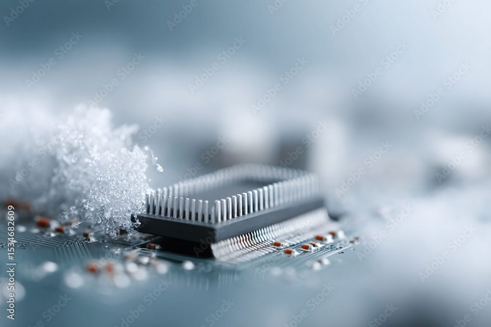 Poster macro shot of a circuit board with a microchip covered in frost. conceptual image for technology, co