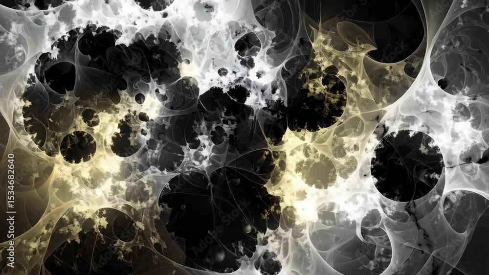 Poster intricate abstract fractal design featuring interconnected cellular shapes with black and white colo