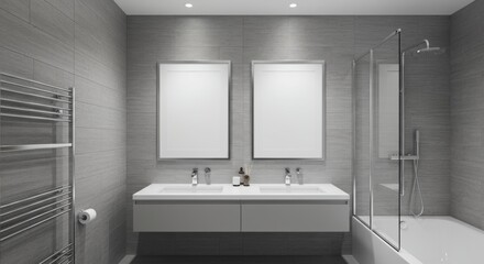 Dual Vertical Frame Mockups in a Modern Grey Tiled Bathroom with Double Vanity