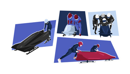 Set of bobsled, bobsleigh athlete in action. Extreme sport, race. Flat vector cartoon illustration.