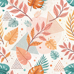 Fototapeta premium Beautiful seamless pattern of tropical leaves and geometric shapes in pastel colors for various design purposes.