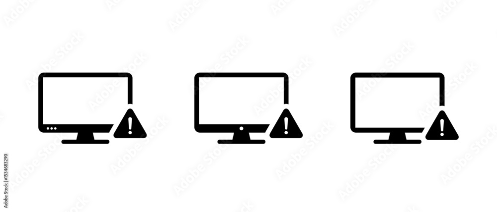 Poster desktop computer monitor with warning sign icon. malware and virus alert symbol