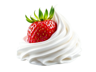 A close up of a single strawberry nestled in a swirl of white whipped cream on a black background