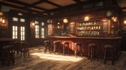 Traditional or British style bar or pub interior, with wooden paneling
