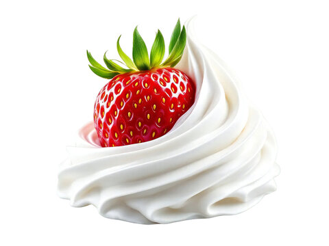 A close up of a single strawberry nestled in a swirl of white whipped cream on a black background