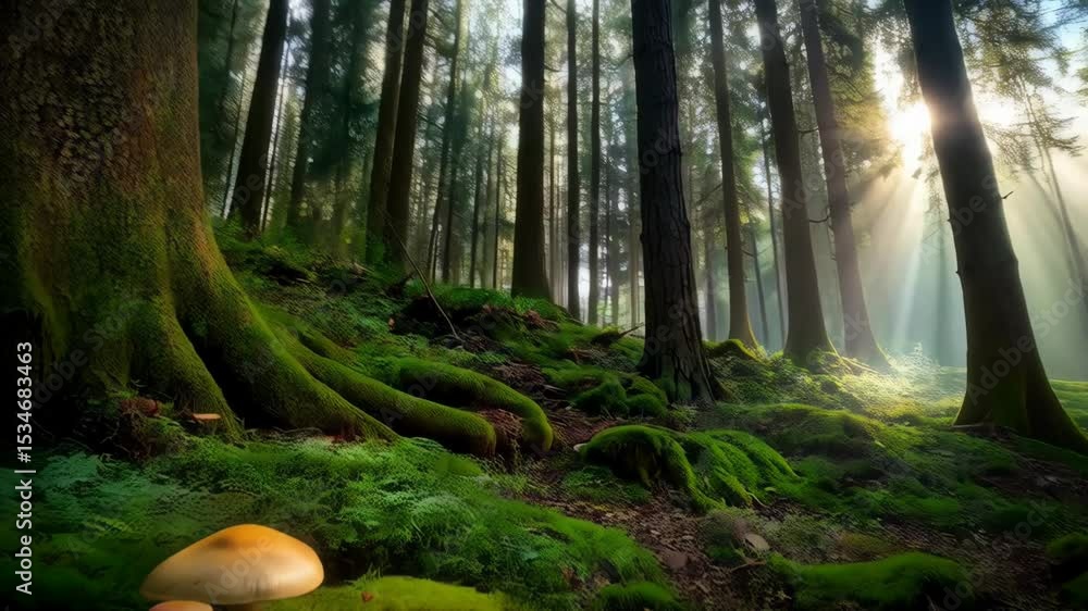 Aufkleber sunlight streams through dense forest with mushrooms and moss covered ground creating a serene and m