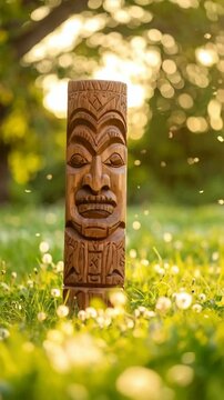 Intricately carved wooden tiki totem surrounded by wildflowers against a bokeh background in a vibrant green meadow.