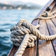 Fototapeta premium Knot tied securely on a wooden boat at sunset