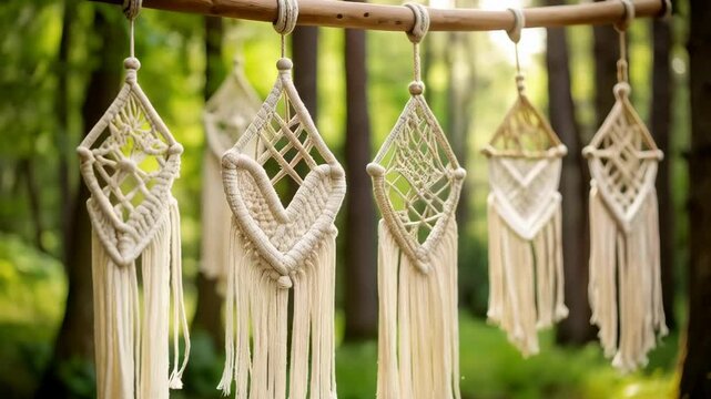 Artistic macrame hangings suspended from bamboo pole outdoors in a tranquil forest, displaying intricate knots and textural fringe details in nature.
