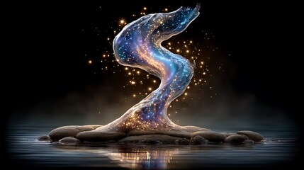 A flowing ribbon of light twisting across a liquid surface, shimmering in hues of turquoise, rose gold, and electric white with glowing sparkles surrounding it
