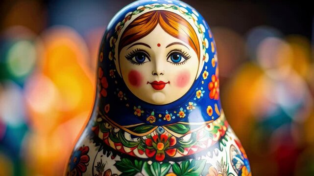 A beautifully decorated wooden nesting doll with vibrant floral details and a gentle expression