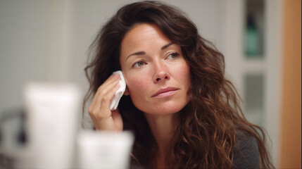 Serene woman cleanses face with cotton pad in calming bathroom scene. Represents selfcare, skincare routine, and personal hygiene. Ideal for beauty, wellness,  lifestyle.