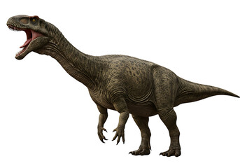 A dinosaur with textured skin open mouth  red spot above eye stands against a black background
