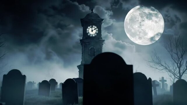 A spooky graveyard scene with a clock tower and a full moon in the night sky view