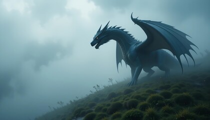 A fog-covered hill reveals a dragon with wet wings and a piercing gaze