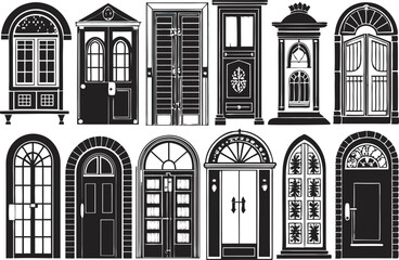 This collection of black and white images showcases various door designs, ranging from simple outlines to more detailed illustrations with paneling and handles.
