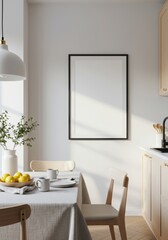 Bright Scandinavian Kitchen Interior with Empty Wall Frame Professional Background for Art Mockup