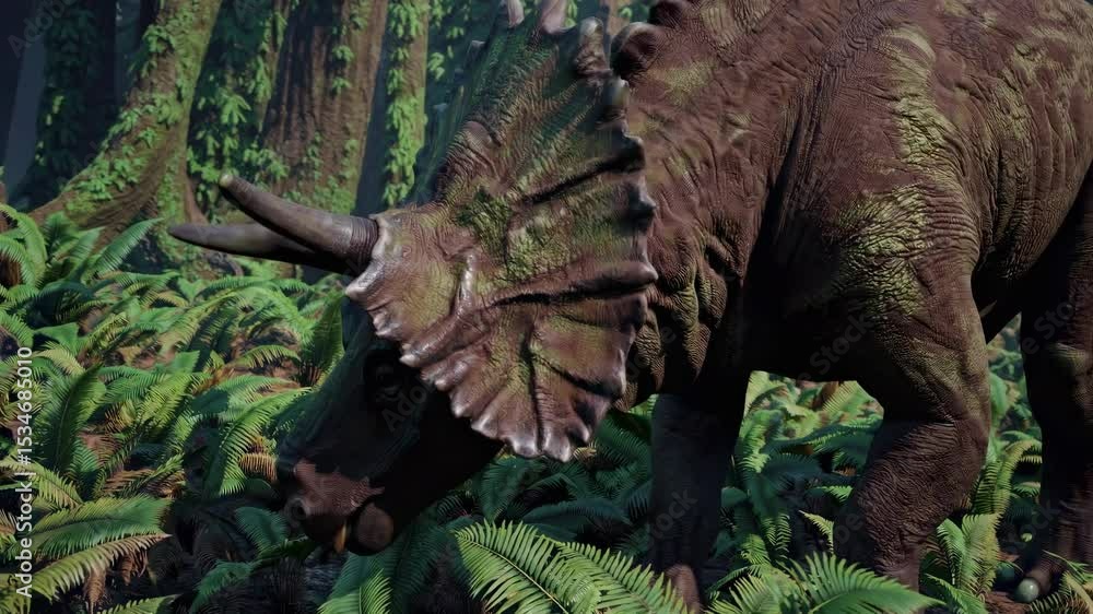 Poster a realistic 3d rendering of a triceratops in a dense forest, captured from a low-angle, resembling a