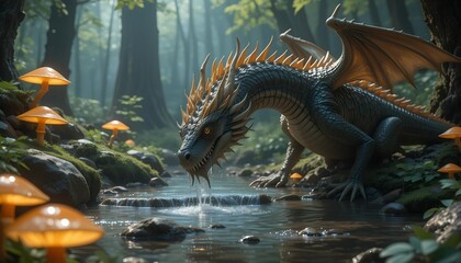 Forest dragon drinking from a crystal-clear stream in a glowing mushroom-lit glade deep in the woods