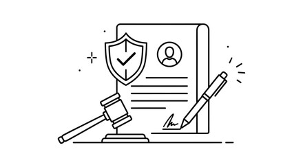 Legal Document Signing with Gavel and Security Shield Outline Illustration
