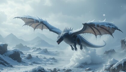 A frost-covered dragon glides above the frozen wasteland as snow flurries swirl with frost on its wings
