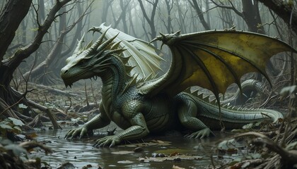 Still and camouflaged, a swamp muddy green dragon lurks beneath gnarled branches