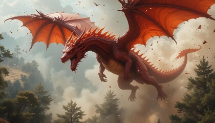 A blazing red dragon crashes through the forest, surrounded by fire and smoke