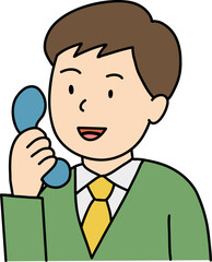 Hand drawn Business people doodle, Cheerful man talking on a vintage phone.