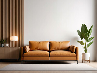 Luxurious living room interior design featuring leather sofa wooden panel wall and potted plant decoration