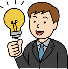 Hand drawn Business people doodle, Man in suit holding a light bulb