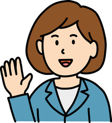 Hand drawn Business people doodle, Smiling woman waving in a blue jacket
