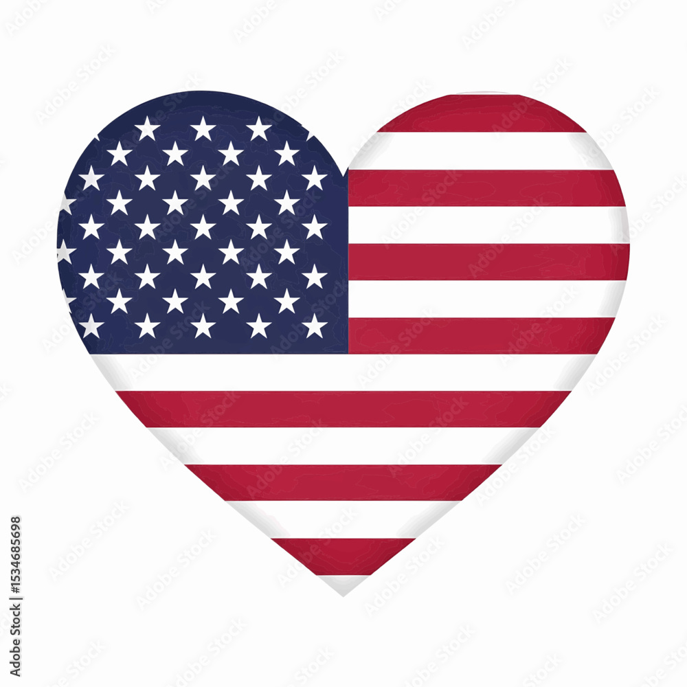 Poster heart shape filled with the us flag pattern, featuring dark blue with white stars and alternating re