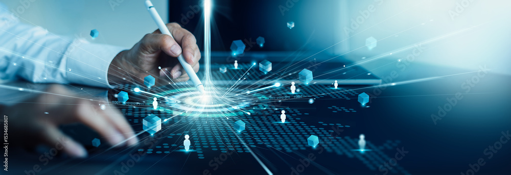 Poster crm. customer network relationship management concept, businessman hold of global structure customer