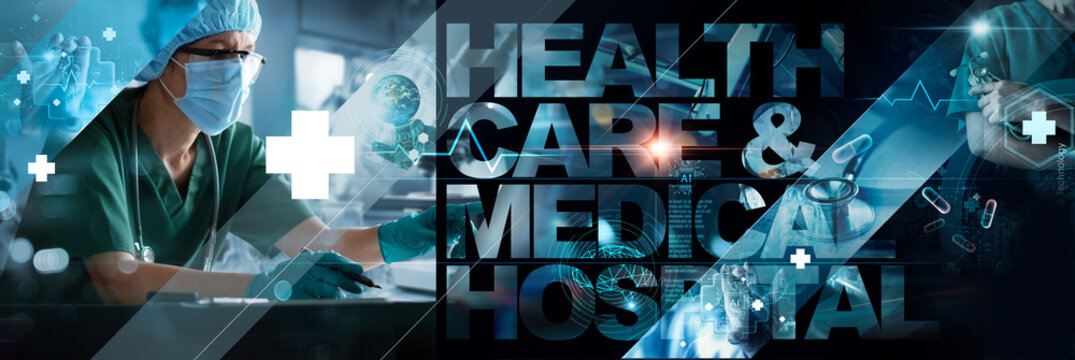 Healthcare and medical, Surgeon working with professional team, nursing assistant, Laboratory research and development with Ai technology. Medicine, Medical technology service to solve people health.