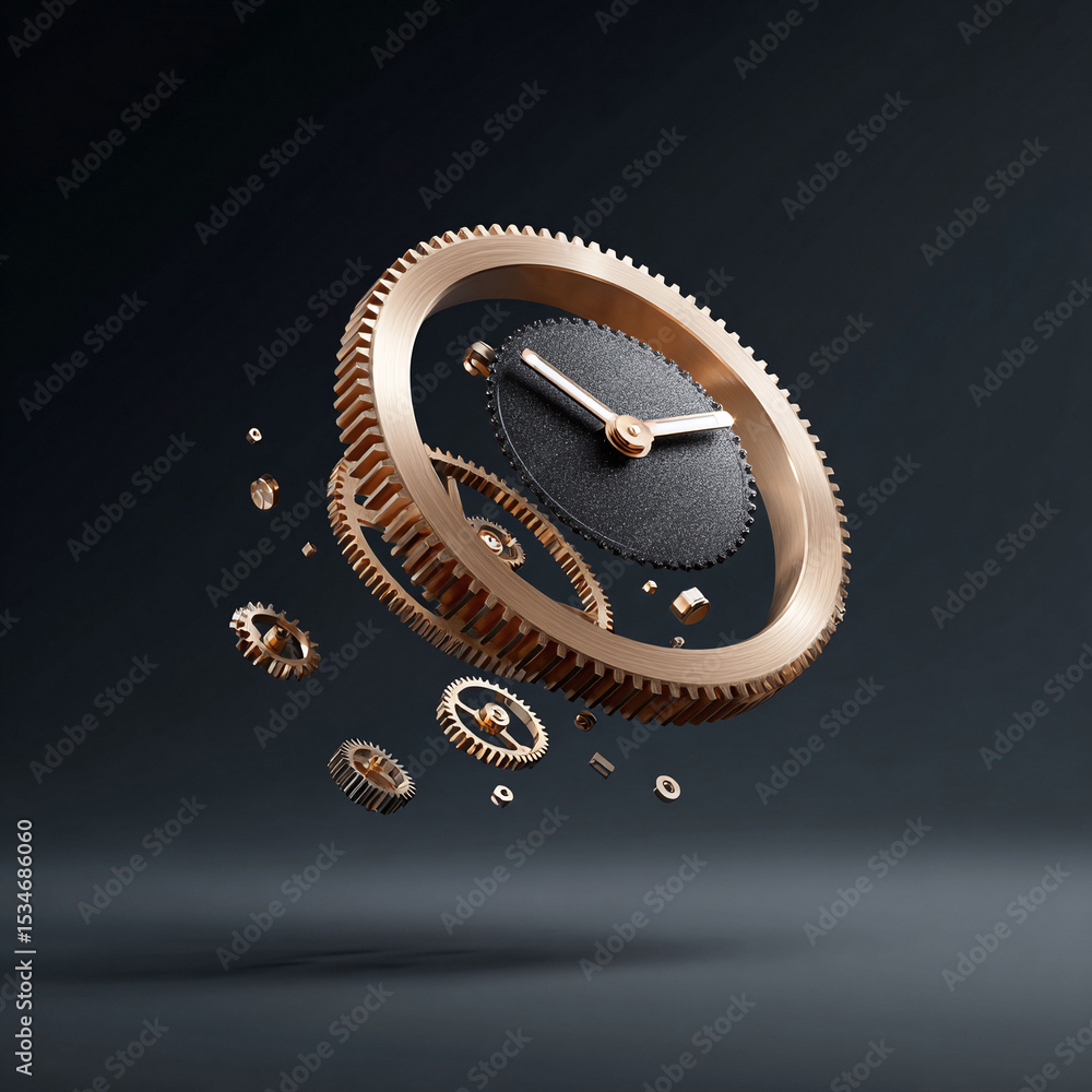 Poster abstract 3d render of floating clockwork gears. represents time, precision, mechanisms, and industry
