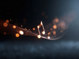Elegant music note flowing with light on a dark backdrop. Evokes melody, rhythm, and harmony. Ideal for concert posters, audio designs, and creative projects.