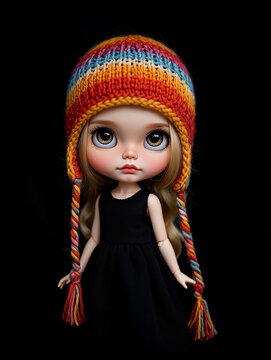 Adorable blythe doll with rainbow knitted hat and braids set against black background