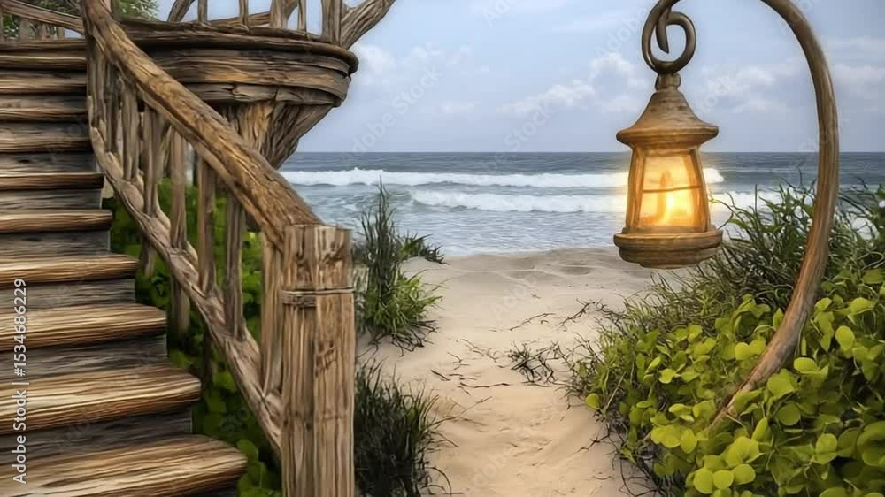 Poster stunning beachfront staircase with lanterns at a serene seaside generative ai