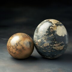 Stone spheres on dark display