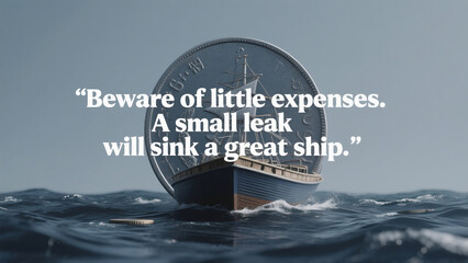 A coin is floating on the water. The quote reads, "Be aware of little expenses
