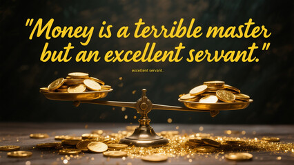 A scale with two gold coins on each side, with a quote that says "Money is a terrible master but an excellent servant." The image conveys the idea that money can be a powerful force, but it is importa