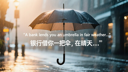 A black umbrella is shown in a rainy city street. The umbrella is open and the rain is falling. The image is accompanied by a quote in a foreign language that reads