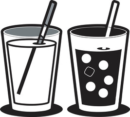 This collection of black and white images features various illustrations of beverages in different types of glasses and cups, some including ice cubes or straws.